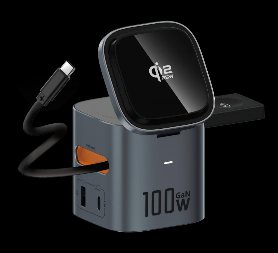 6合1 100W GaN智能多功能无线充电器 (带伸缩线)